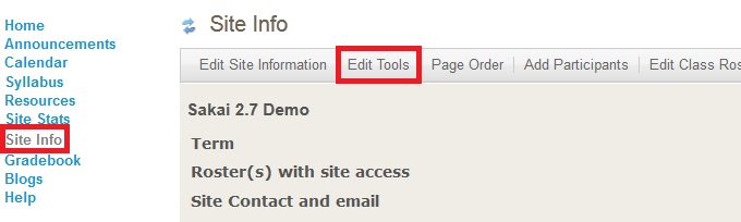 Screenshot of Site Info menu. 